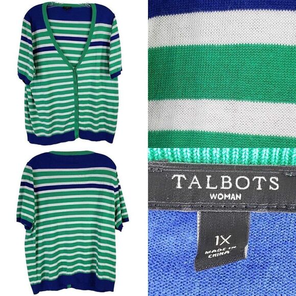 Talbots Cardigan Sweater Green Striped Women’s Short Sleeve Plus Size 1X XL - Picture 1 of 8